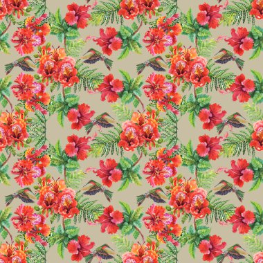 Desen egzotik kuşlar çiçekler