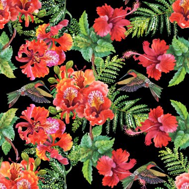 desen alstroemeria çiçek ve sinek kuşlarının