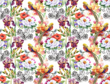 Kuşlar ve Bahçe çiçek seamless modeli