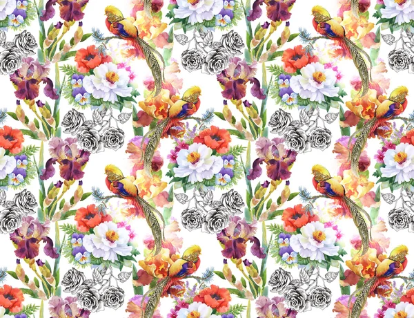 Seamless pattern of birds and garden flowers — Stock Photo, Image