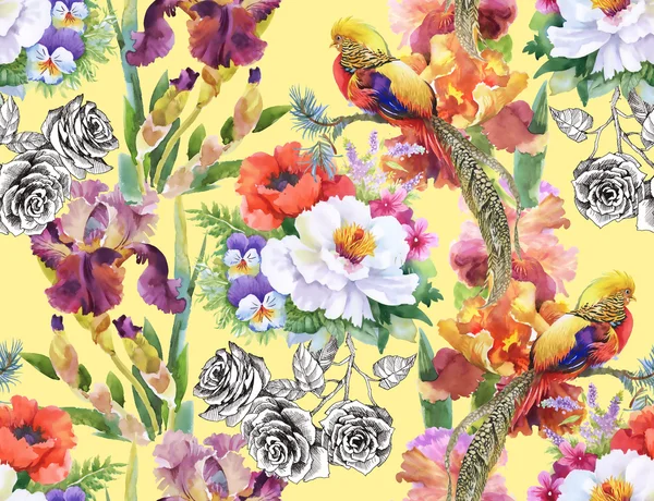 Nahtloses Muster mit Blüten und Blättern — Stockfoto
