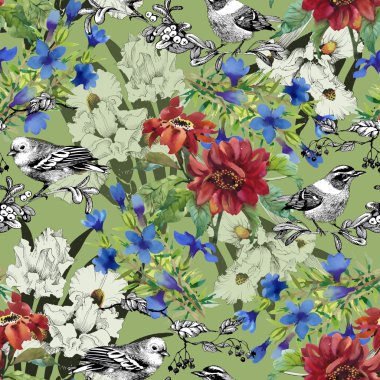 Egzotik kuşlar ve çiçekler