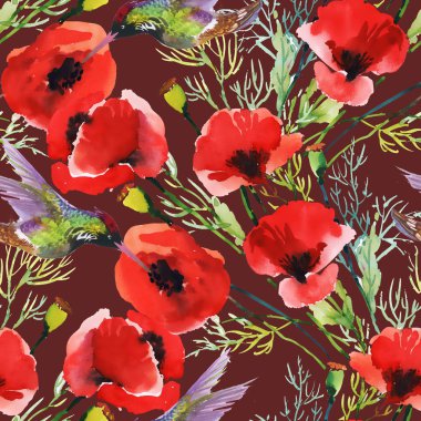 Kuşlar ile kırmızı haşhaş