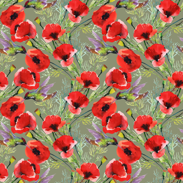 Red poppies with birds