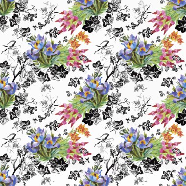 güzel çiçekler ile Seamless Modeli suluboya resim