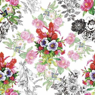 güzel çiçekler ile Seamless Modeli suluboya resim