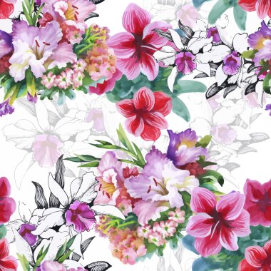 güzel çiçekler ile Seamless Modeli suluboya resim