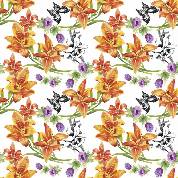 Seamless pattern with Beautiful flowers, Watercolor painting