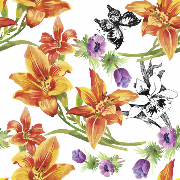 Seamless pattern with Beautiful flowers, Watercolor painting