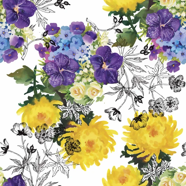 水彩美しい花、シームレスなパターン — ストックベクタ
