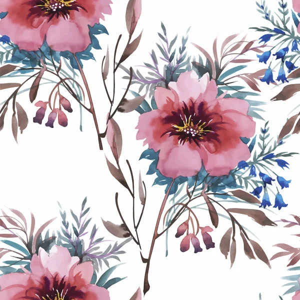 Güzel çiçekler ile Seamless Modeli suluboya resim — Stok Vektör