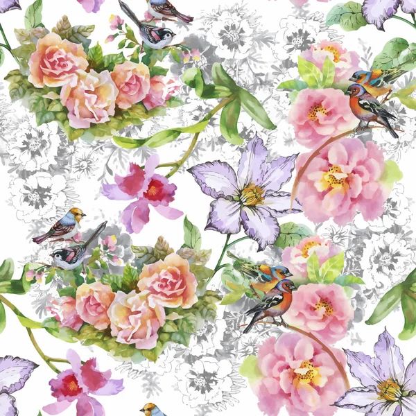 Бесшовный узор с красивыми цветами, акварелью — стоковый вектор
