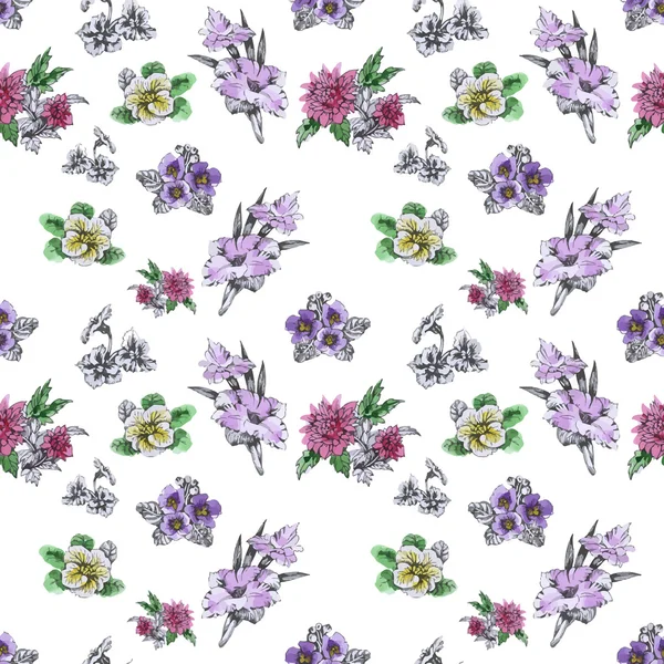 Varrat nélküli mintát gyönyörű virágokkal, akvarell — Stock Vector