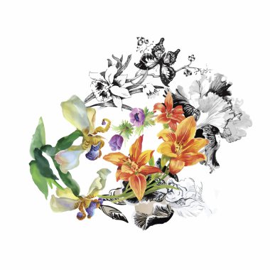 Çiçek arka plan. Çiçek kartı. Suluboya çiçek buketi. Doğum günü kartı.