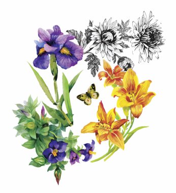 Çiçek arka plan. Çiçek kartı. Suluboya çiçek buketi. Doğum günü kartı.