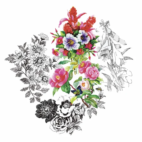 Floral bakgrund. Blommig kort. Akvarell blommig bukett. Födelsedagskort. — Stock vektor