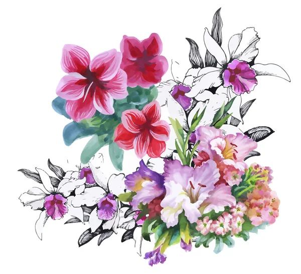 Fundo floral. Cartão floral. Buquê floral aquarela. Cartão de aniversário . —  Vetores de Stock