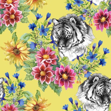 kaplanlar ve çok renkli çiçek deseni