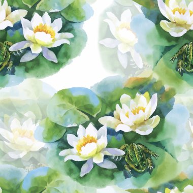 Sulu Boya beyaz su-lilly çiçek seamless modeli üzerinde gölet kurbağa ile