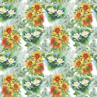 Beyaz bir arka plan üzerine suluboya boyanmış sarı ayçiçeği ile Seamless Modeli.