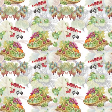 Seamless suluboya modeli ile yaprakları ve meyveleri