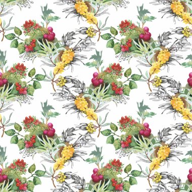 Seamless suluboya modeli ile yaprakları ve meyveleri