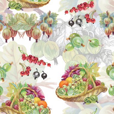 Seamless suluboya modeli ile yaprakları ve meyveleri