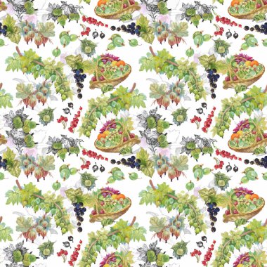 Seamless suluboya modeli ile yaprakları ve meyveleri