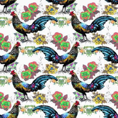 Çiftlik horozu siluetleri ve çiçekler ile Seamless suluboya modeli