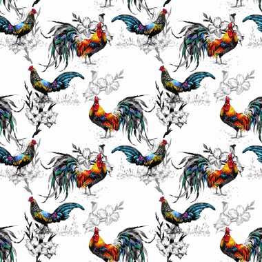 Çiftlik horozu siluetleri ve çiçekler ile Seamless suluboya modeli