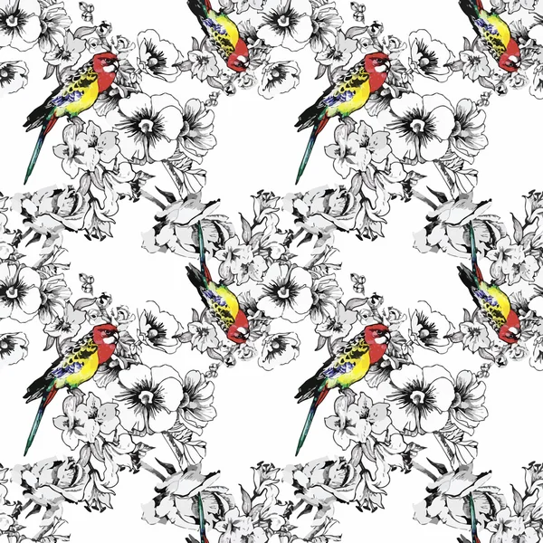 Oiseaux exotiques perroquet avec des fleurs motif sans couture coloré. Illustration aquarelle . — Image vectorielle