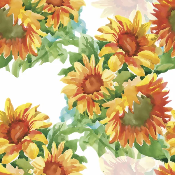 Seamless pattern with yellow sunflowers painted in watercolor on a white background — Stock Vector