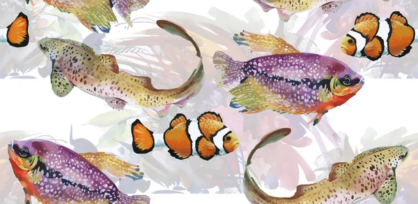 Морське життя акварельний безшовний візерунок з тропічною рибою — стоковий вектор