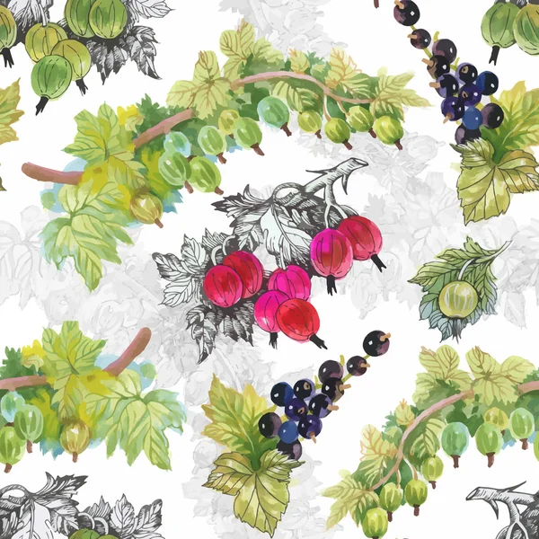 Seamless watercolor pattern with leafs and berries — Stock Vector