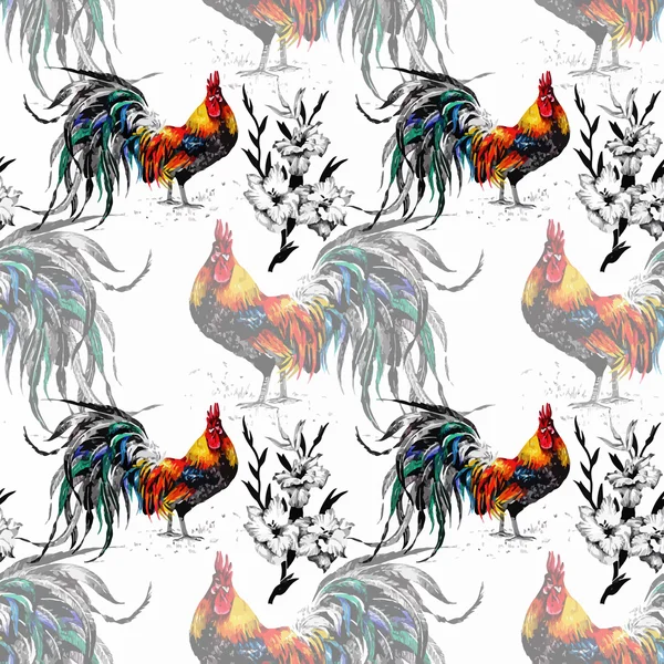 Seamless watercolor pattern with farm roosters silhouettes and flowers — Stock Vector