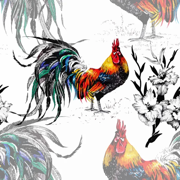 Seamless watercolor pattern with farm roosters silhouettes and flowers — Stock Vector