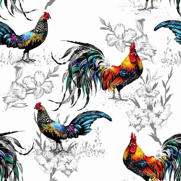 Seamless watercolor pattern with farm roosters silhouettes and flowers — Stock Vector