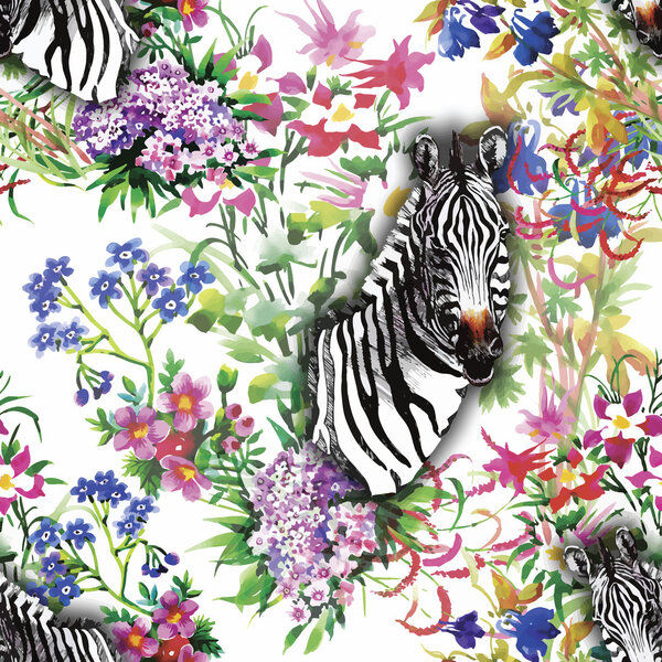 Zebra, flowers. Seamless pattern. Vector background.