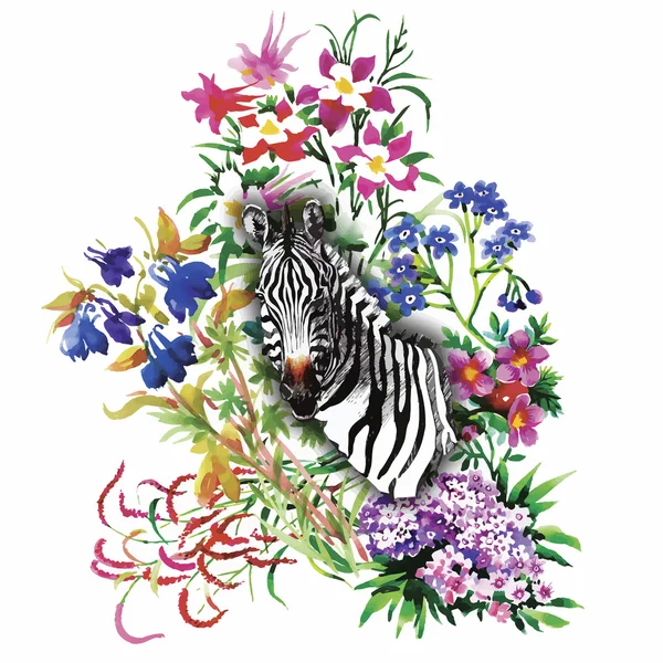 Zebra, flowers. Seamless pattern. Vector background. — Stockový vektor