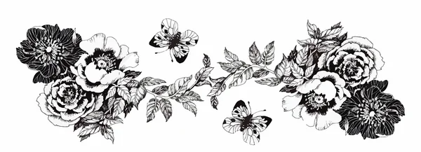 फुलांवर फुलपाखरू. पांढरा पार्श्वभूमीवर फुलांवरील फुलपाखरू वेगळे. वॉटरकलर चित्रकला हाताने तयार केलेले . — स्टॉक व्हेक्टर