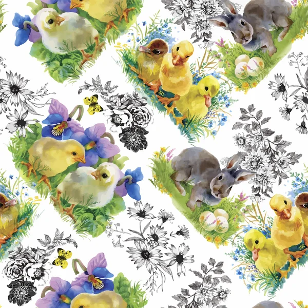 Lite fluffiga söta akvarell ungar, kycklingar och harar med ägg seamless mönster på vit bakgrund vektor illustration — Stock vektor