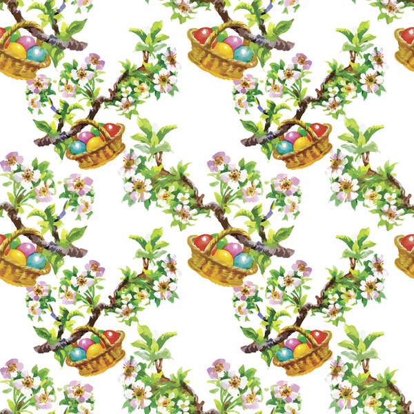 Watercolor seamless easter pattern with colorful eggs. Hand drawn illustration on white texture paper. — Stok Vektör