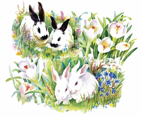Conigli acquerello con fiori modello senza soluzione di continuità vettoriale illustrazione — Vettoriale Stock