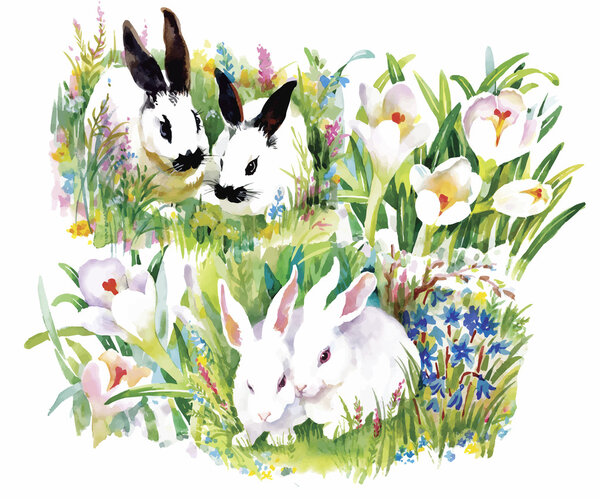 Watercolor rabbits with flowers seamless pattern vector illustration