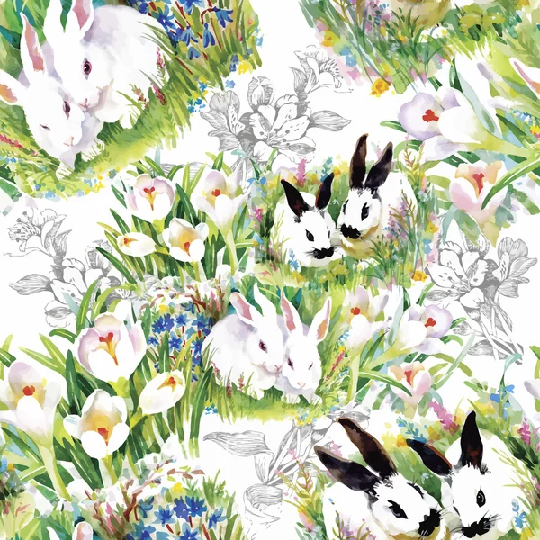 Watercolor rabbits with flowers seamless pattern vector illustration — Stock Vector