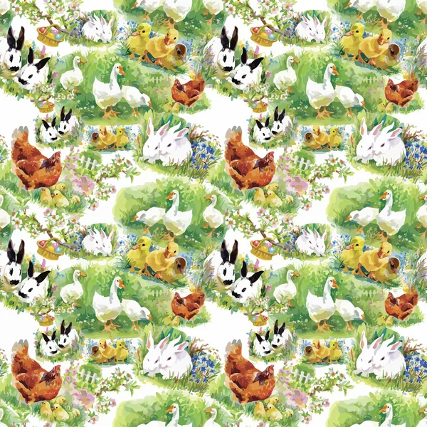 Little fluffy cute watercolor ducklings, chickens and hares with eggs seamless pattern on white background vector illustration — Stock Vector