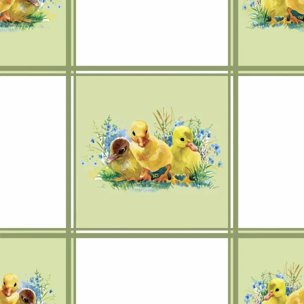 Little fluffy cute watercolor ducklings, chickens and hares with eggs seamless pattern on white background vector illustration — Stock Vector