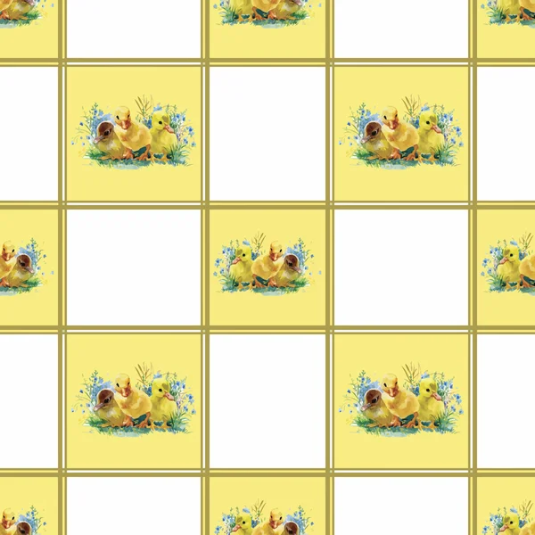Kleine flauschige niedliche Aquarell-Entchen, Hühner und Hasen mit Eier nahtlosen Muster auf weißem Hintergrund Vektor Illustration — Stockvektor