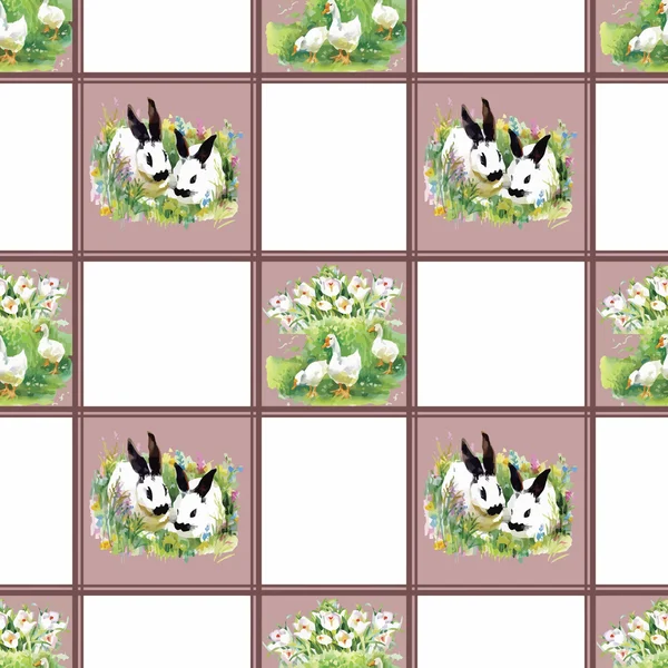 Акварельные кролики с цветами бесшовная векторная иллюстрация картины — стоковый вектор