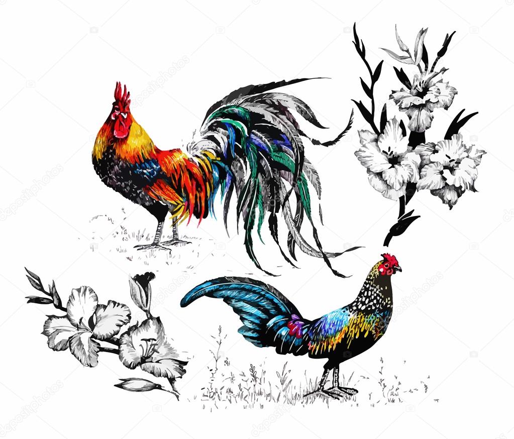 Seamless watercolor pattern with farm roosters silhouettes and flowers